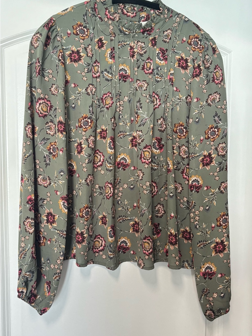 Joie Olive Green Floral Ruffle-Neck Blouse